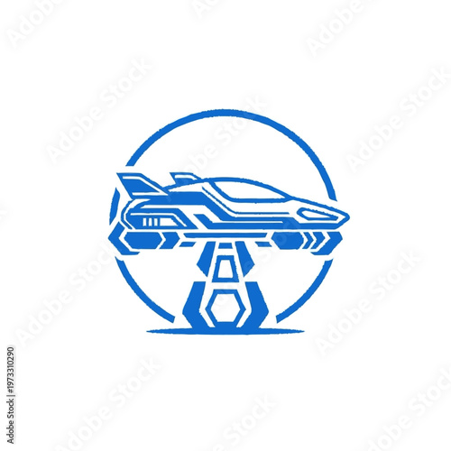 Blue spaceship on pedestal base.