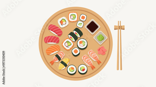 This appetizing image showcases a beautifully arranged sushi platter displaying a variety of sushi types, highlighting the aesthetics of Japanese cuisine and culture.