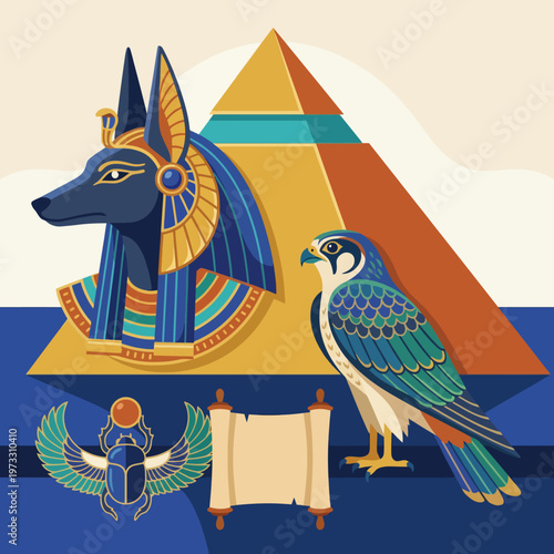 This image showcases iconic Egyptian symbols and deities, including Anubis and a falcon, representing ancient culture and mythology in a vibrant, artistic style.