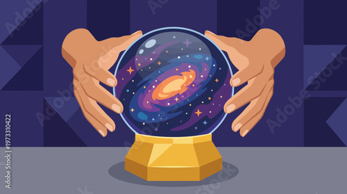This enchanting image features hands holding a crystal ball filled with swirling galaxies, symbolizing mystery, the cosmos, and the quest for knowledge and insight.