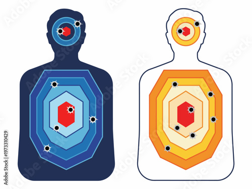 A graphical representation of a target practice silhouette featuring concentric rings and bullet holes, illustrating precision shooting and aiming skills.