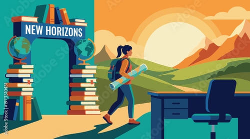 This inspiring image depicts a backpacker walking towards a scenic landscape, symbolizing exploration, new beginnings, and the pursuit of dreams in a vibrant setting.