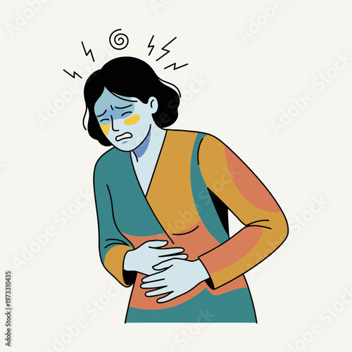 This artistic illustration shows a woman displaying discomfort from stomach pains, capturing the emotional connection to physical health and well-being in a relatable manner.