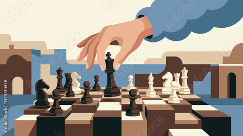 The image captures a dramatic moment in a chess game, showcasing a hand poised to make a significant move, highlighting strategy and competition on the chessboard.