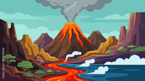 A vivid illustration of a volcano erupting with flowing lava and billowing smoke, capturing the raw power and dynamism of nature in a dramatic landscape setting.