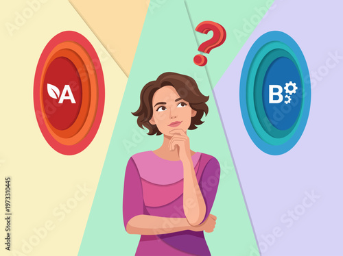 A thoughtful woman is deciding between two choices represented by option A and option B in a colorful and modern design with abstract shapes.