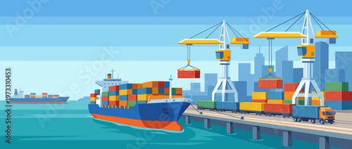 This detailed image illustrates a container ship being unloaded at a bustling port, capturing the essence of trade, logistics, and the global economy today.