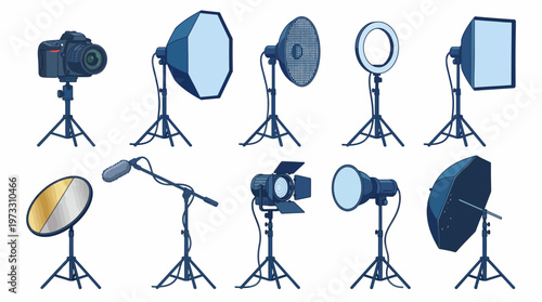 This image showcases a diverse range of photography and lighting equipment, highlighting essential tools for both amateur and professional photographers in studios.