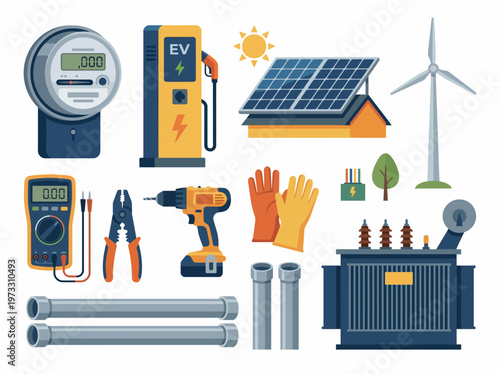 An assortment of modern energy tools and solutions, including solar panels and electric vehicle chargers, representing innovation and sustainability in the energy sector.