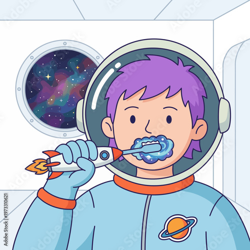 A whimsical scene of an astronaut in a space station brushing their teeth with a rocket-shaped toothbrush, highlighting the daily life and fun activities of astronauts in space.