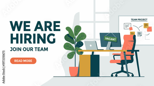 An inviting image promoting job openings in a contemporary office setting, featuring a vacant desk with a computer and a welcoming plant, ideal for recruitment opportunities.