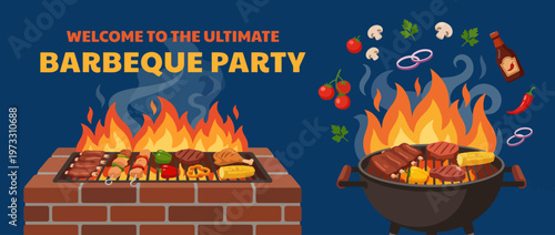 A vibrant and lively BBQ party scene showing a grill sizzling with various meats and vegetables, perfect for summer gatherings and outdoor celebrations with friends and family.