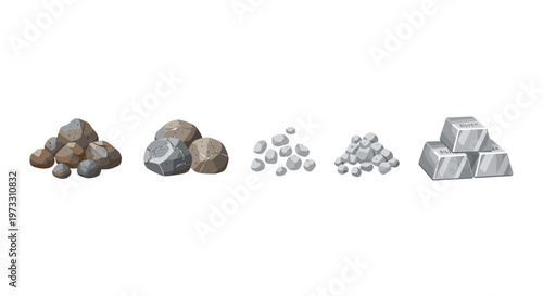 A sequential illustration displays the transformation process from raw dark mineral rocks to crushed stones and finally finished rectangular silver metal bars.