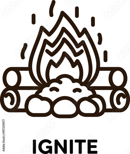 Clean linear icon representing a dynamic bonfire with blazing flames and logs, evoking feelings of comfort, adventure, and the primal essence of fire