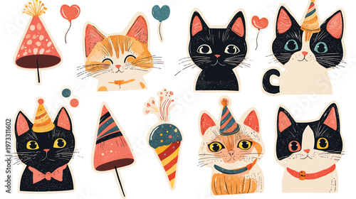 Cute Cats Wearing Party Hats and Celebrating Birthdays.