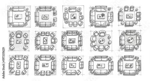 Living Room Furniture Arrangement Sketch Interior Design Architectural Planning Hand Drawn Concept Illustration