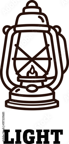 Illustration of a kerosene lamp with the word 'LIGHT' below it, symbolizing illumination and traditional lighting solutions