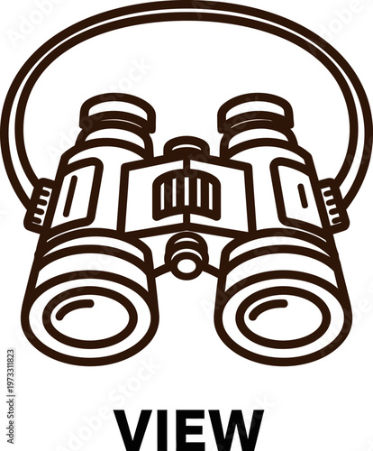 Minimalist outline icon depicting a pair of binoculars with an adjustable strap, perfect for designs related to observation, exploration, or distant viewing activities and adventures