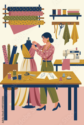 In this artistic image, a fashion designer is seen adjusting a dress on a mannequin surrounded by materials and sewing tools, highlighting the creative process in fashion design.