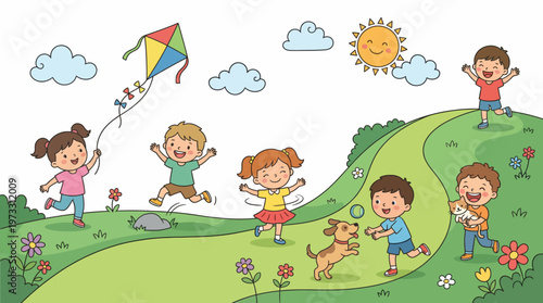 A joyful illustration of children playing outdoors, flying kites and running with a dog on a sunny day, embodying happiness, friendship, and the carefree spirit of childhood.