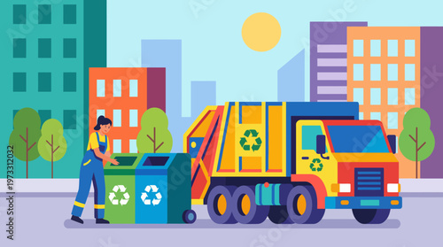 This colorful illustration shows a friendly recycling worker collecting waste in a vibrant urban environment, promoting sustainability and environmental consciousness.