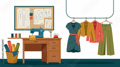 A well-organized sewing room featuring a sewing machine, colorful fabrics, and stylish clothing hangs on a rack, presenting creativity and fashion design.