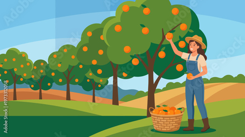 This vibrant image portrays a woman harvesting oranges in a lush orchard, celebrating the beauty of nature and the joy of agriculture and healthy living.