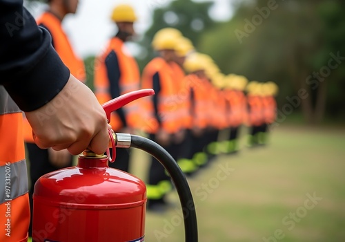 Red fire extinguisher held by person with safety vest