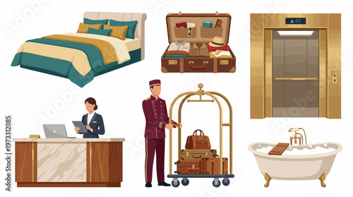 A beautifully designed hotel room featuring a cozy bed, suitcases, elevator, and a welcoming service, capturing the essence of luxury hospitality and comfort.