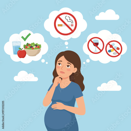 An illustration portrays a pregnant woman deep in thought about her health choices, highlighting the importance of nutrition, wellness, and responsible living during pregnancy.