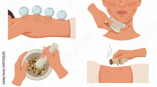 A blend of healing methods including cupping therapy, herbal mixtures, and smoke cleansing, showcasing various traditional practices for relaxation and physical wellbeing.