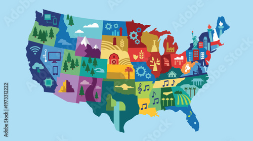 This artistic illustration of the USA map displays the unique characteristics and diversity of each state, symbolizing cultural richness and national unity.