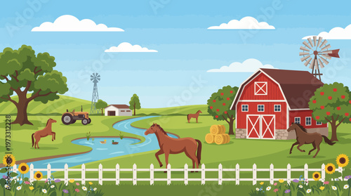 A picturesque farm scene featuring majestic horses, a red barn, green fields, a flowing river, and a windmill, embodying rural tranquility and agricultural beauty.