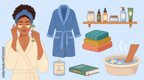 The image depicts a relaxing spa scene filled with beauty products, towels, and a soothing ambiance, emphasizing self-care and wellness in a tranquil environment.