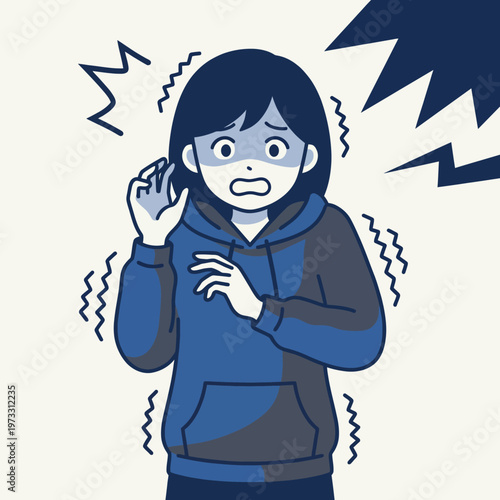 An illustration of a girl expressing fear and anxiety amidst chaotic noise, capturing her emotional turmoil and the sensation of unease through artistic exaggeration.