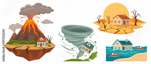 An informative illustration showcasing various natural disasters including a volcano eruption, tornado, drought, and flooding, emphasizing the power and impact of nature's forces.