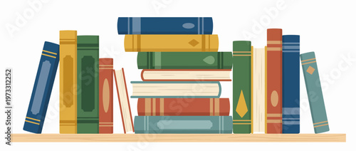 A visually appealing arrangement of various colorful books stacked on a shelf, showcasing a love for reading, knowledge, and the beauty of literature in a simplistic style.