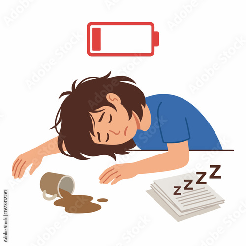 A person with disheveled hair sleeps on a desk, surrounded by scattered papers and a spilled cup, symbolizing tiredness and the need for rest and rejuvenation in modern life.