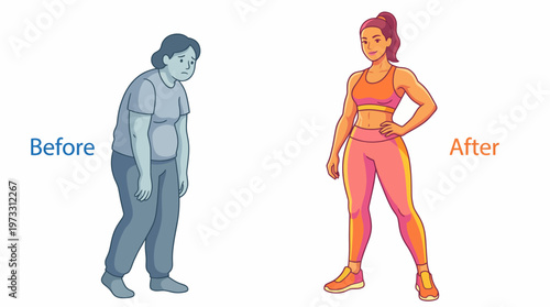 A powerful visual contrast showcases a before and after fitness transformation, illustrating dedication, health, and the journey towards a better self with vibrant illustration.