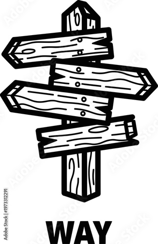 Hand-drawn wooden signpost illustration symbolizing multiple paths, choices, and decision-making for future direction, representing options and navigating a journey or crossroads