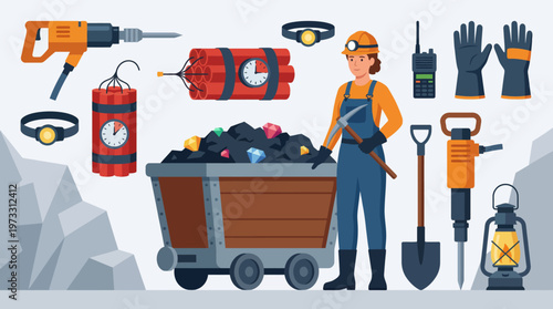 This vibrant illustration depicts essential mining tools and equipment, symbolizing the hard work and precision required for gemstone excavation and treasure hunting in mining activities.