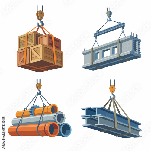 This graphic showcases crane hoists lifting heavy materials, highlighting the engineering marvel of lifting and transporting objects, essential in construction and industrial settings.