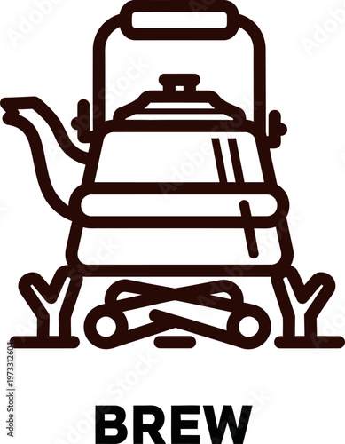 Minimalist Outline Graphic Illustrating a Camp Kettle Steaming Over an Open Fire, Representing Wilderness Brewing and Cozy Outdoor Experiences