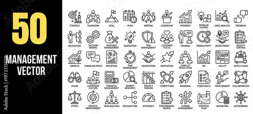 Comprehensive set of 50 business and management outline icons perfect for illustrating corporate strategies teamwork and growth in web and app design