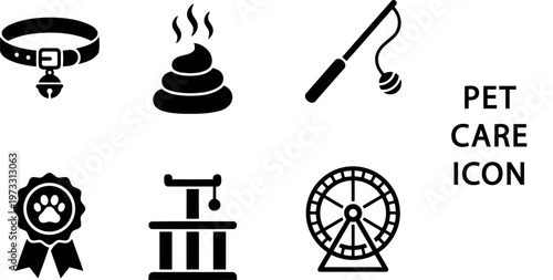 Black silhouette icons depicting pet items and activities on transparent background