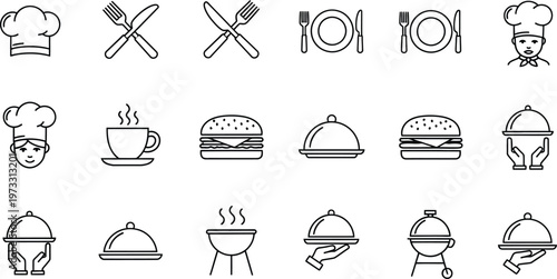 Black and white illustrations of various food and restaurant icons and symbols