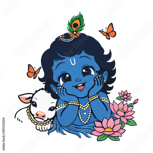 Cute Baby Krishna Playing with Calf and Lotus