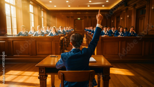 Dedicated young student sits at a wooden desk wearing a professional suit while raising a hand to answer a question during an engaging academic lecture to demonstrate active participation and