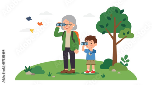 Grandmother and Grandson Birdwatching with Binoculars in Nature Park, Flat Vector Illustration of Family Bonding and Outdoor Education