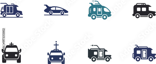 Vector illustration of a bird in a cage with abstract background and a collection of transportation vehicle icons including cars trucks buses and taxis